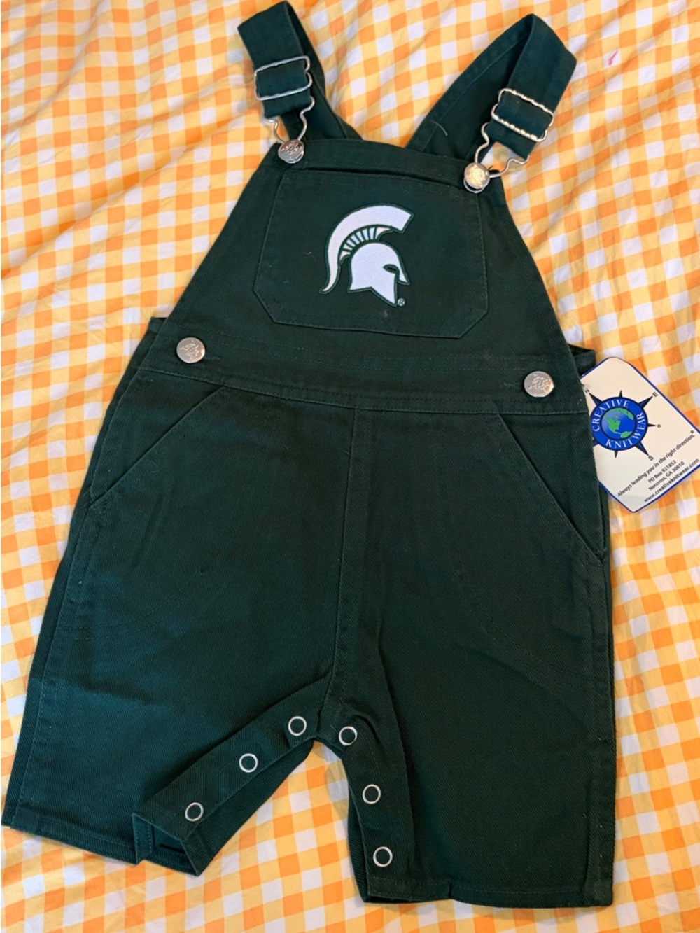 Toddler Dark Green Overalls with Spartan Helmet Patch